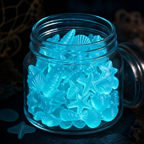 Glow in Dark Sea Shell Stones Decorative Pebbles 300pcs Aquarium Fish Tank Vase Fillers Luminous Starfish Conch Resin Beach Theme Garden Path Lighting Ornaments DIY Home Party Decoration Set Bulk