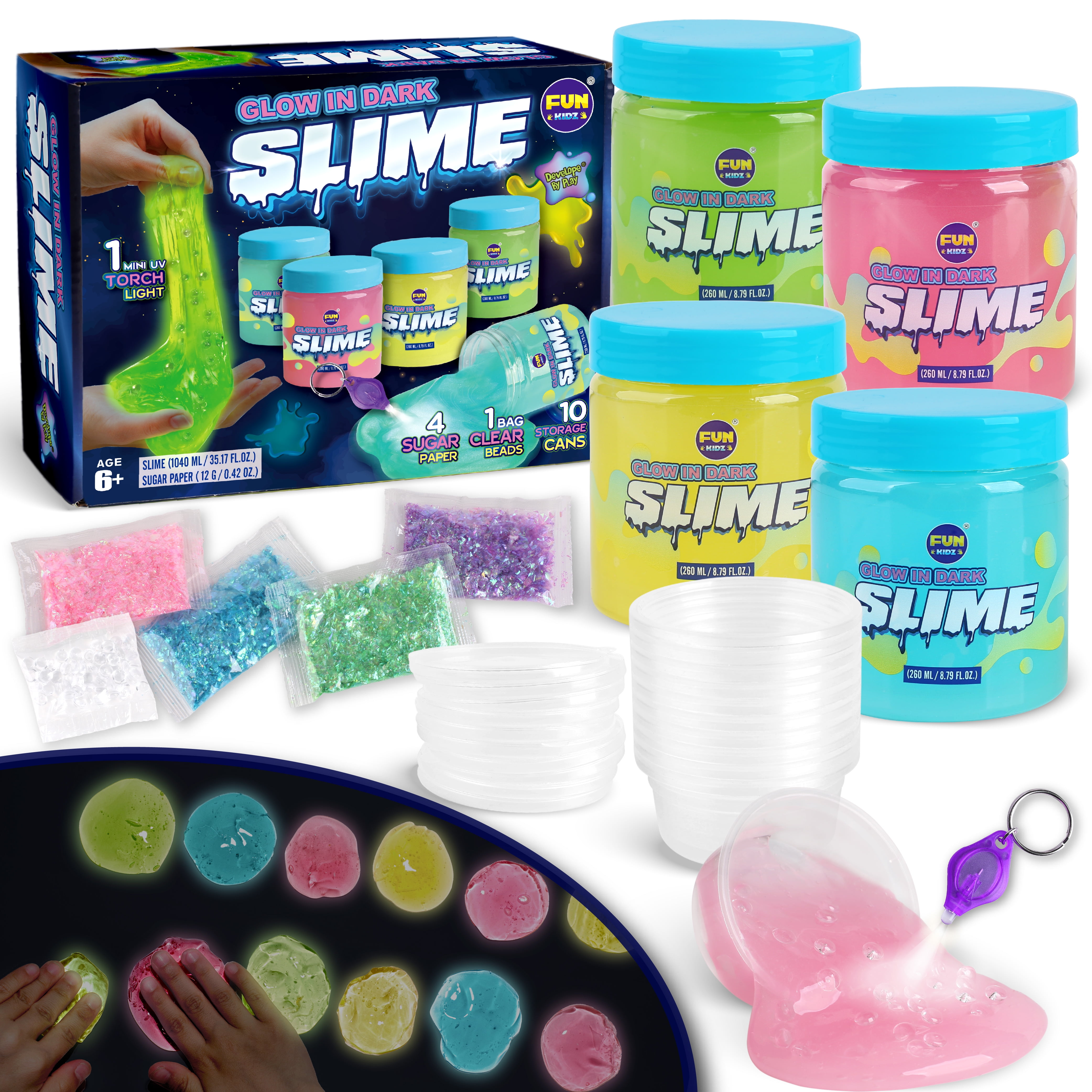 Glow in the Dark Slime Toys, Funkidz Slime Kit for Girls Boys Kids 4 Big  Count Neon Glowing Colors Slime with Fish Beads Flash Sugar Paper Supplies  for Party Favors 