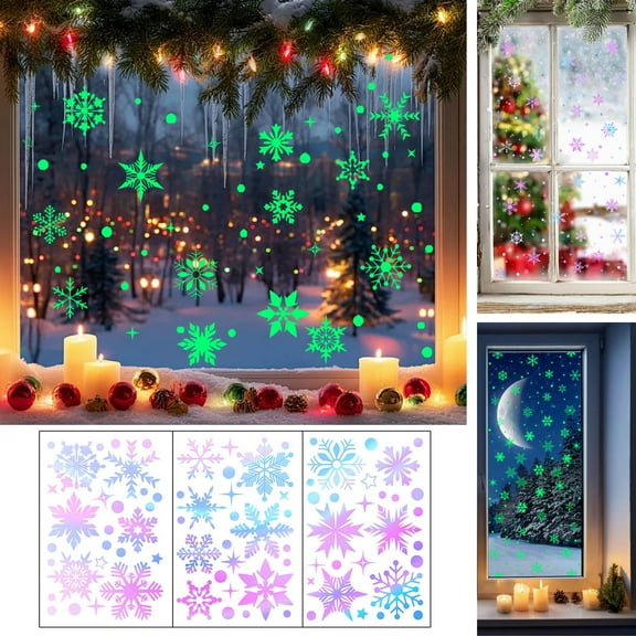 Glow in the Dark Snowflake Static Cling Window Decals for Holiday Home Decor Bedroom Door Wall Sticker Night Light Luminous Removable Reusable Window Clings for Glass Decorations