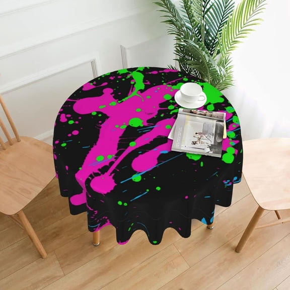 Glow in Dark Splatter Neon Pattern Tablecloths Round Table Cloth Circular Table Cover 60 Inches Polyester Fabric Tabletop Holiday Decor for Dining Picnic Party