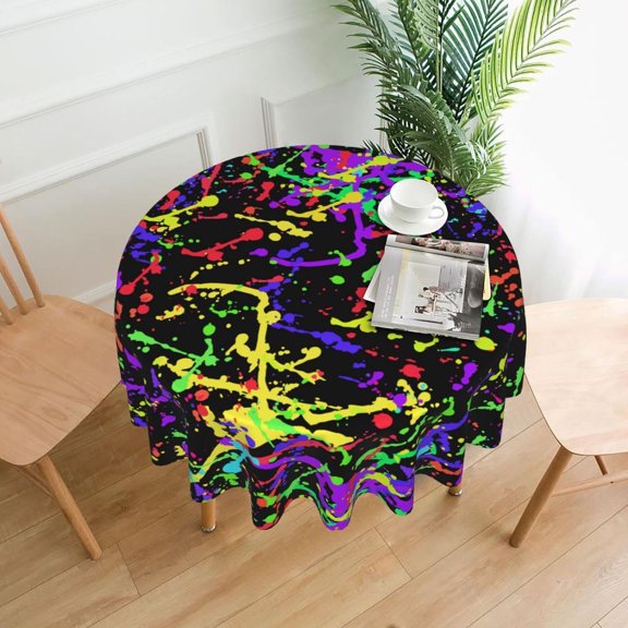 Glow in Dark Splatter Neon Pattern Tablecloths Round Table Cloths Circular Table Cover 60 Inches Polyester Fabric Tabletop Holiday Decor for Dining Picnic Party