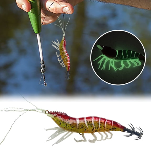 Glow in the Dark Squid Lures - 3.94 Inch Horizontal Jig with Realistic Shrimp Design & Double Hooks for Saltwater, Freshwater Trolling, Lake, River, and Sea Fishing