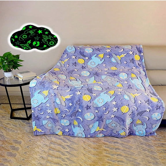 Glow In Dark Star Blanket 150x100cm, Spaceship Pattern Soft Sleeping Throw, Magical Luminous Light for 6 Hours, 100% Polyester No Pilling, Birthday Decoration Gift for Childs Boys Girls Bedroom Sofa