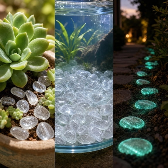 Glow in the Dark Star Stones for Garden and Aquarium, 300 Pcs Luminous Pebbles, Transparent Decorative Rocks for Fish Tank, Pathway, DIY Crafts and Landscaping