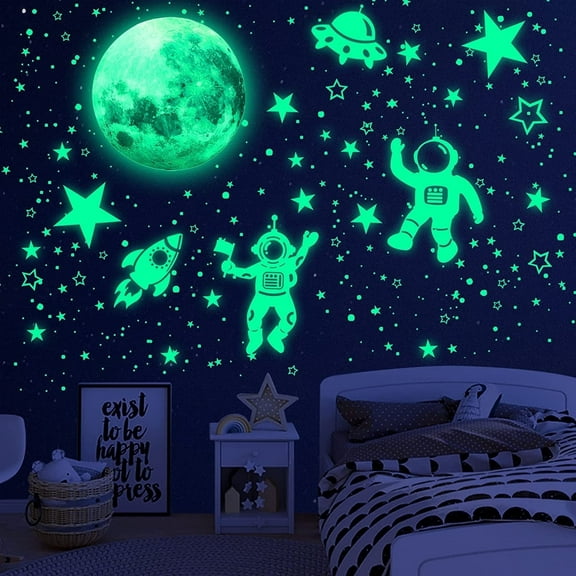 Glow in The Dark Stars for Ceiling, Moon and Space Wall Decals Astronaut Planet Galaxy Wall Stickers for Bedroom (Green)