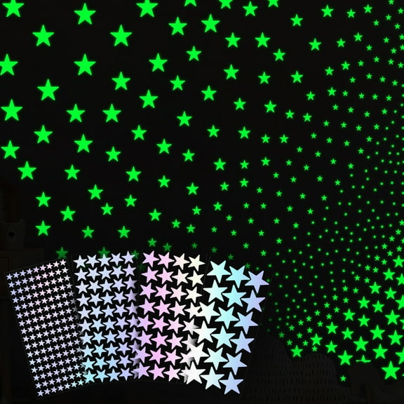 Glow in The Dark Stars, Color Changing Shiny Star Wall Decals, 4-Pack Fluorescent Ceiling Stickers for Room Decor, Luminous Bedroom Stickers, PVC Window Decoration • Day/Night Glow