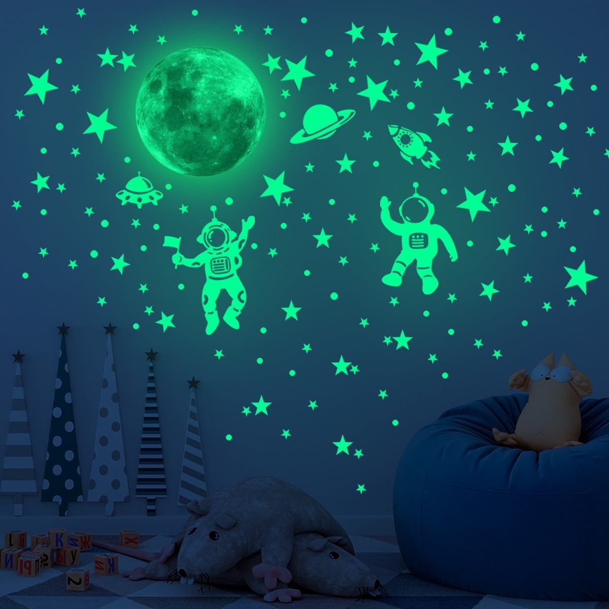 Glow in The Dark Stars for Ceiling Glow in The Dark Moon and Space Wall Decals Luminous Astronaut Universe Planet Galaxy Wall Stickers for Kids Boys Girls Bedroom Green