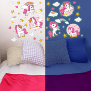 Glow in The Dark Unicorn Wall Decals(Pink) - Quality Peel and Stick Vinyl Stickers - Wall Decor for Kids & Classroom – Set of 96 Glowing Unicorns, Rainbows, Hearts, & Stars