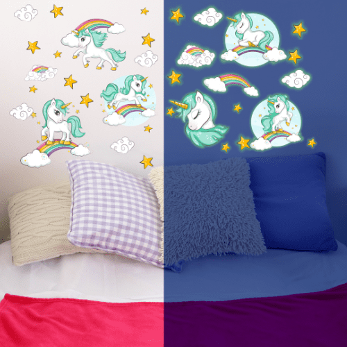 Glow in The Dark Unicorn Wall Decals(Teal) - Quality Peel and Stick Vinyl Stickers - Wall Decor for Kids & Classroom – Set of 96 Glowing Unicorns, Rainbows, Hearts, & Stars