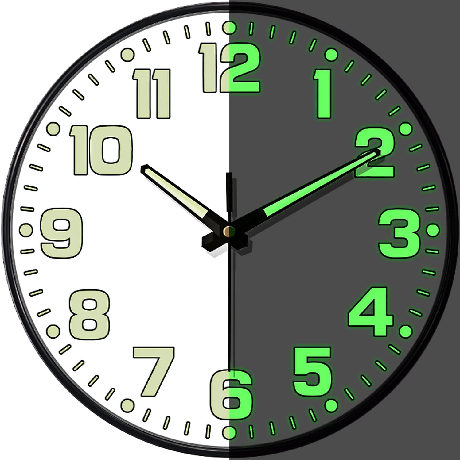 Glow in The Dark Wall Clock Non Ticking, 10 inch Silent Wall Clocks Battery Operated, Large Number Tempered Glass, Round Night Light Analog Clock for Bedroom Living Room Kitchen Office, White