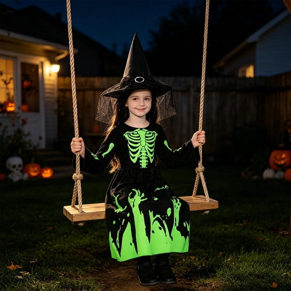 Glow in The Dark Witch Costume for Girls, Skeleton Dress And Hat Kids Halloween Light Up Wicked Gothic Maxi Dress Outfit Cosplay Apparel for 4-8 Years Old