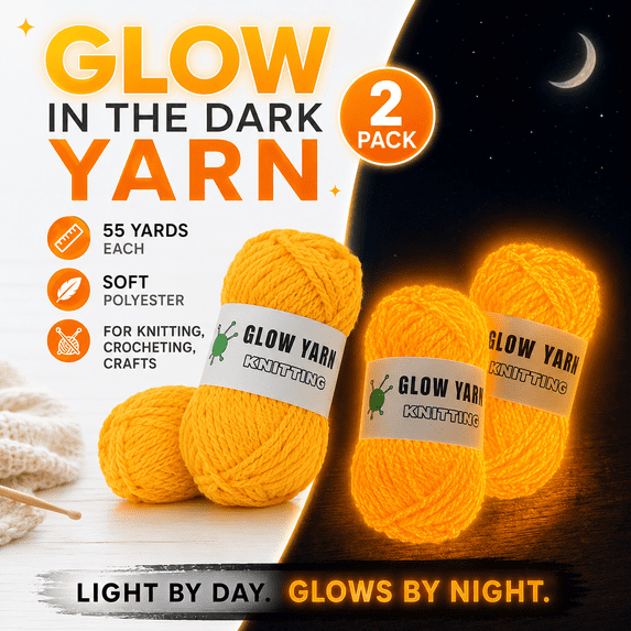 Glow in the Dark Yarn 2 Pack - Luminous Polyester Yarn for Knitting Crocheting - 55 Yards Each - DIY Glowing Yarn for Crafts Sewing Embroidery - Glow Yarn for Night Projects Home Decor