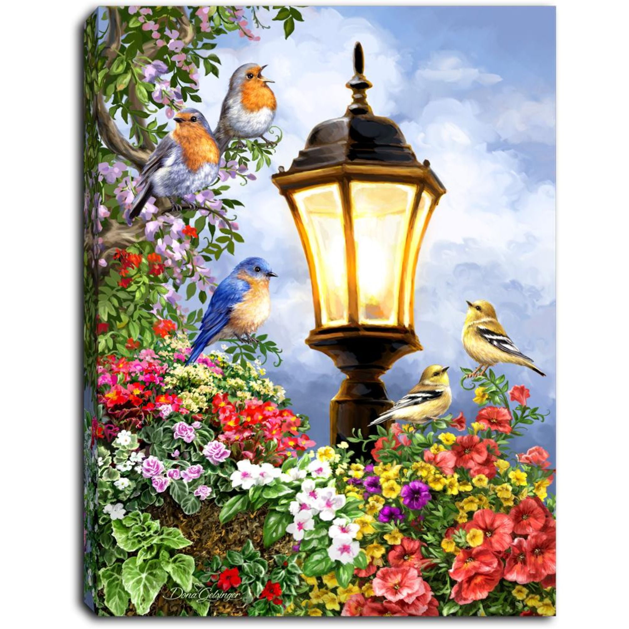 8" Gold and Brown LED Canvas Tabletop Decor with Birds and Flowers