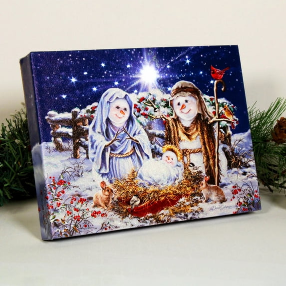 Crafted Creations LED Lighted Snow Family Nativity Christmas Canvas Art - 6" x 8"