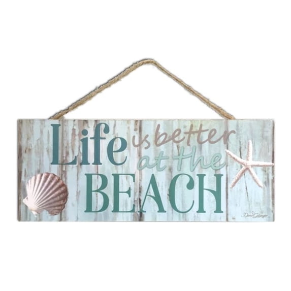 Blue and Cream White Shell Printed Rectangular Wall Sign with Rope Hanger 4" x 10"