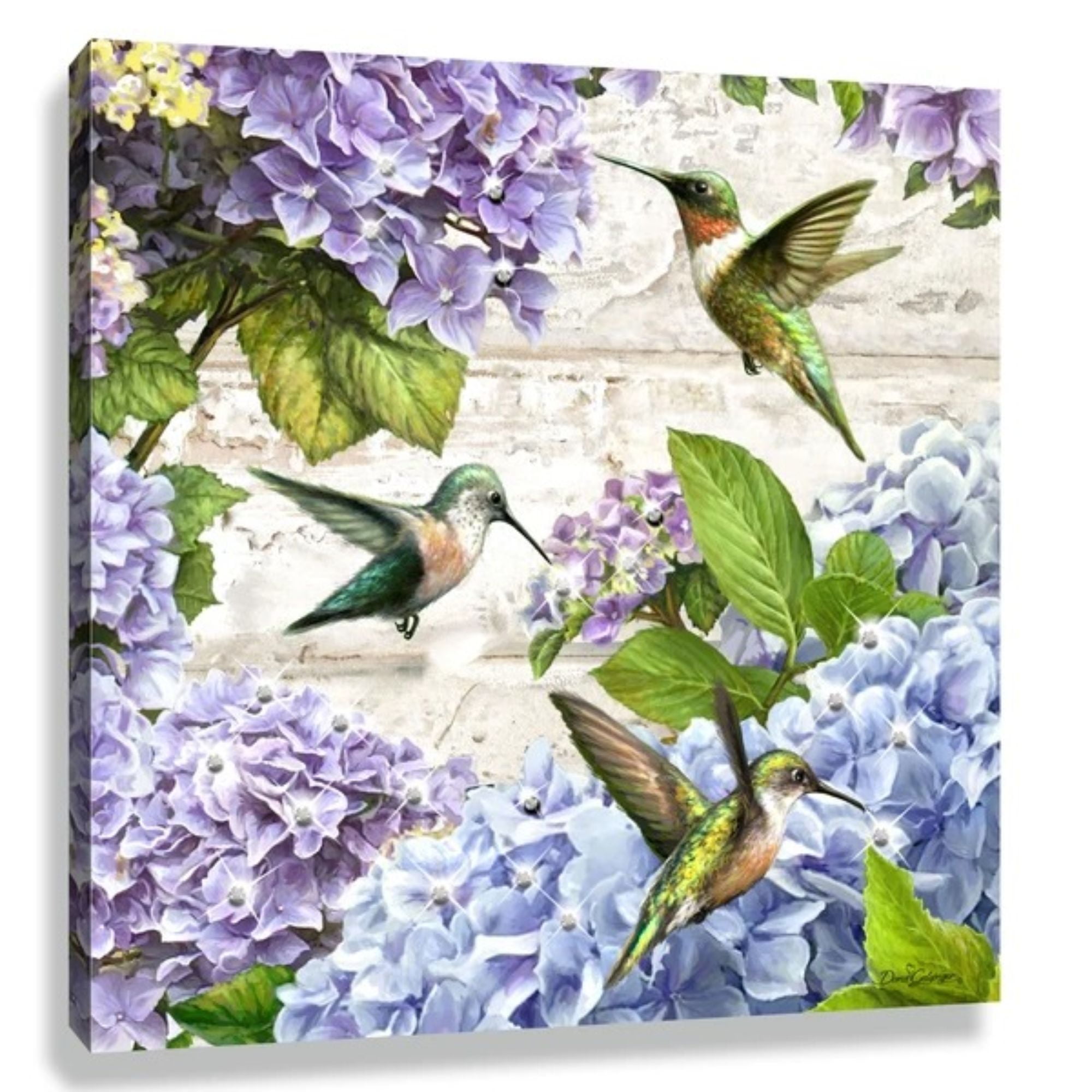 Handcrafted Purple and Green Hummingbirds Print with Swarovski Crystals