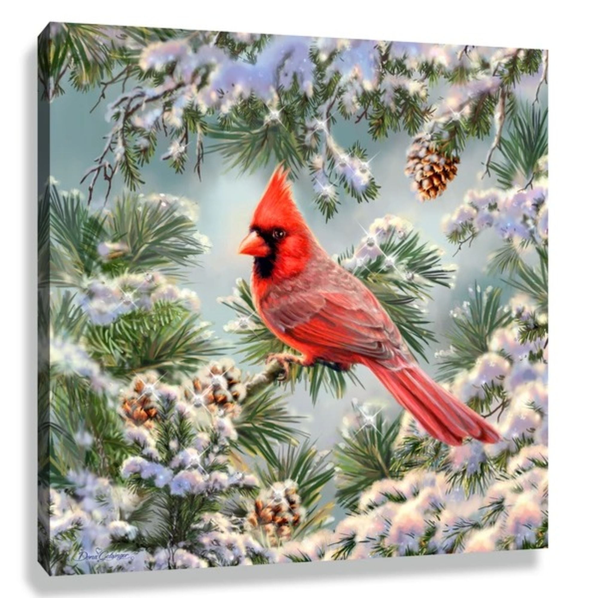 Red and Green Snowy Pine Cardinal Framed Print with Swarovski Crystals