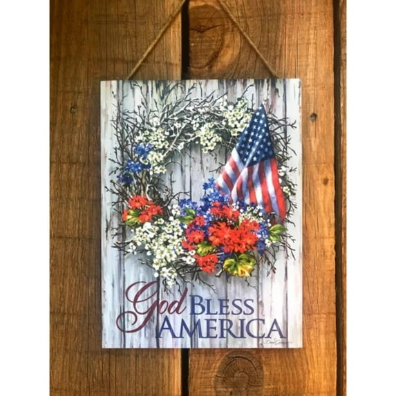 Glow Decor White and Blue "God Bless America" Printed Rectangular Wall Sign with Rope Hanger 10" x