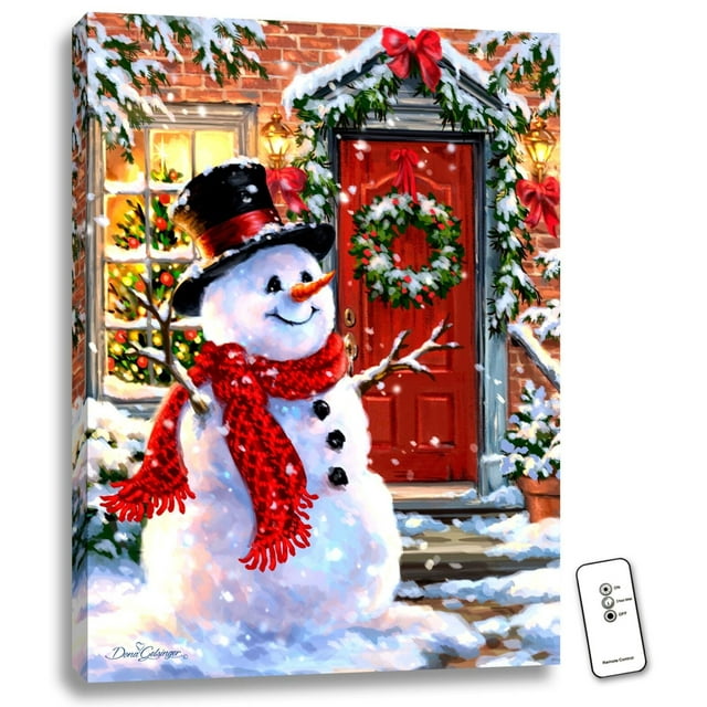 Glow Decor White and Red Snowman LED Backlit Christmas Rectangular Wall Art with Remote Control 24"