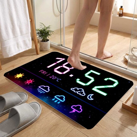 Glow Digital Time Weather Icon 2D Floor Rug, Entryway Bedroom Kitchen Modern Home Accent, Thanksgiving Christmas Gift