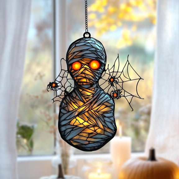 Glow-Eyed Mummy Wavy Acrylic Suncatcher, Faux Wavy Acrylic Spider Web Halloween Window Lantern, Gothic Mummy Decor Gift For Witchy House Party