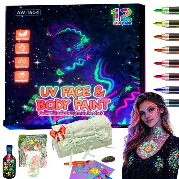 Glow Face and Body Paint Markers Set, 12 Neon Colors, Glow in the Dark Face paint, Luminous Art Pens, Washable Temporary Tattoo & Party Makeup, Glows Under UV Light(12Pcs)