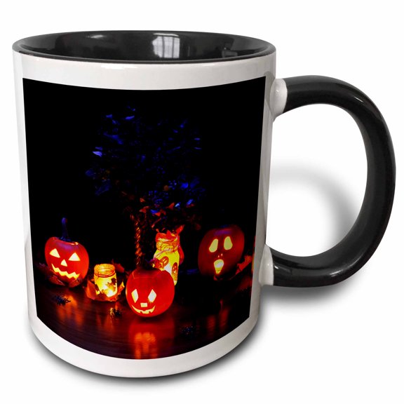 3drose, Glow from Jack O Lanterns, Table with Spiders and Dark Flowers, 15oz Two-tone Black Mug