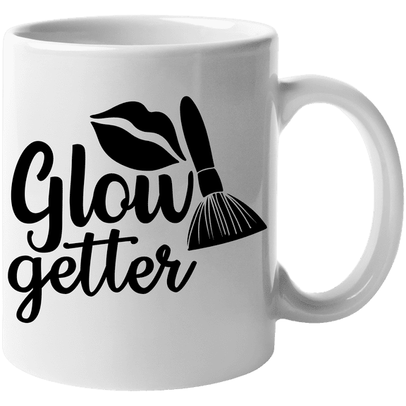 Glow Getter with Powder Brush & Lips Design - Beauty Themed Merch for Makeup Artist or Cosmetologist, Gift for Makeup Lovers & Beauticians, White Mug 11oz