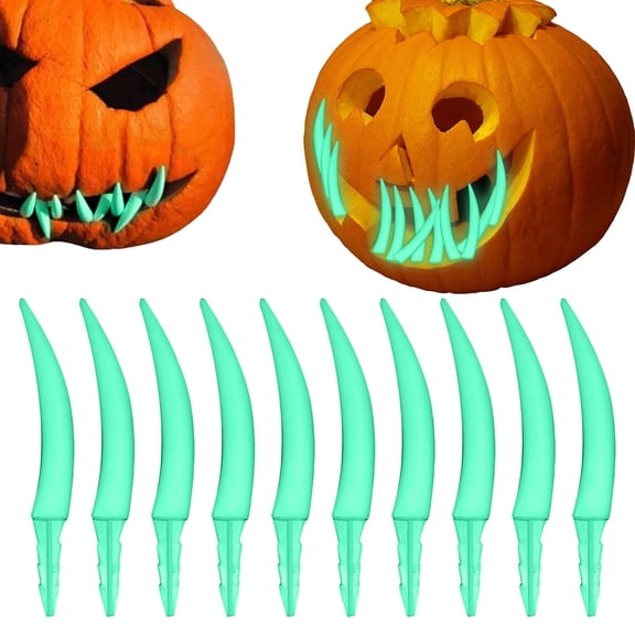 Glow Green Plastic Pumpkin Teeth, 10 Pcs 2.71 In (6.9 cm) Easy Insert Reusable Fangs for Jack O Lantern Decor, bldnkj