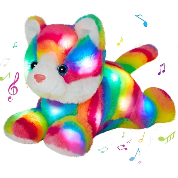 Houwsbaby 13" Light up Musical Rainbow Cat Stuffed Animal,LED Night Light Glowing Singing Snuggle Kitty Plush Toy Glow in The Dark,Christmas Birthday Gifts for Toddlers Kids Children
