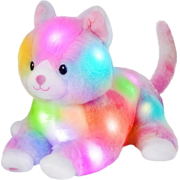 Glow Guards 13'' Lying Light up Rainbow Cat Plush Toy Rainbow Kitty Soft Stuffed Animal Bed Night Light Birthday Halloween for Toddler Kids