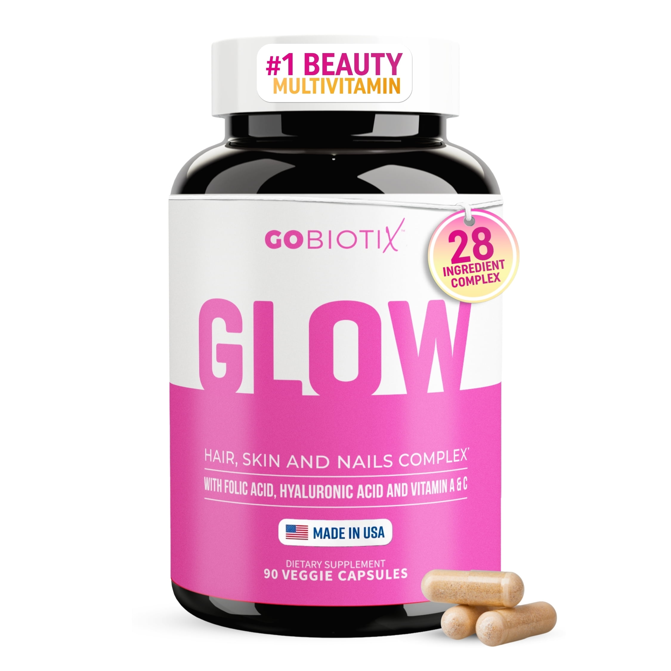 GoBiotix Glow Biotin 10000mcg, Collagen Boost Hair, Skin & Nails Multivitamin with Hyaluronic Acid, 90 Caps
