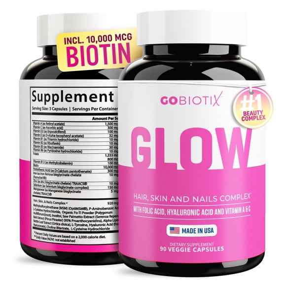 GoBiotix Glow Biotin 10000mcg, Collagen Boost Hair, Skin & Nails Multivitamin with Hyaluronic Acid, 90 Caps