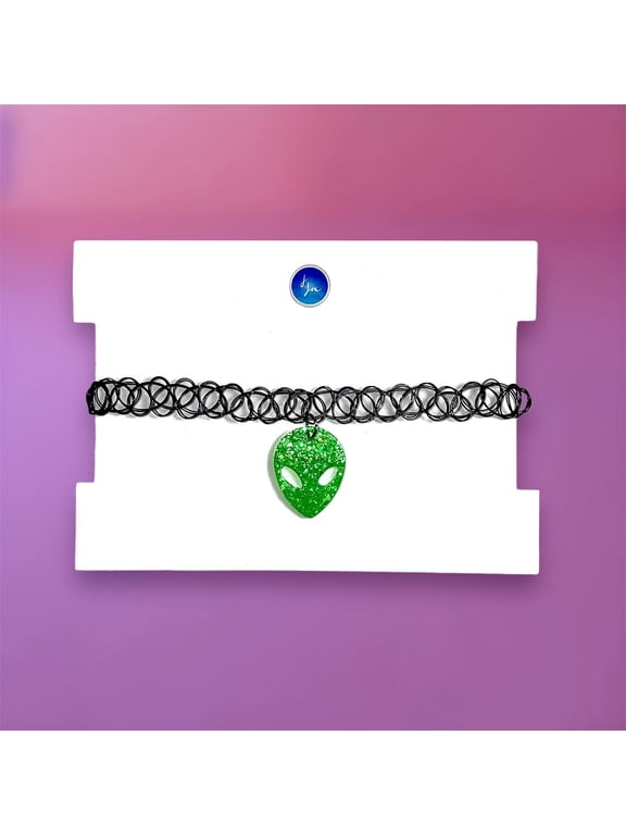 Glow In The Dark Alien Head Choker Necklace, 90s Black Stretch Choker, Womens Rave Festival Accessories, Fun Statement Jewelry, Gift For Her