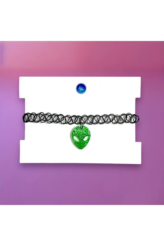 Glow In The Dark Alien Head Choker Necklace, 90s Black Stretch Choker, Womens Rave Festival Accessories, Fun Statement Jewelry, Gift For Her