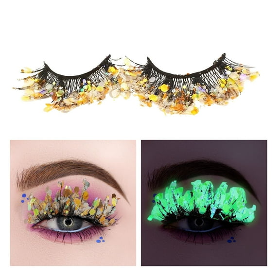Color Sequins Glow In The Dark False Eyelashes for Starry Night Stage Effect with Fluorescent Color Changing Shiny Half Eye Design