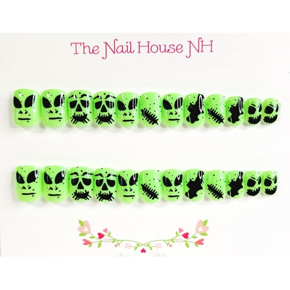 Glow In The Dark Monster Mash-Up Halloween Square Press On Nails By The Nail House NH - 24 Pieces