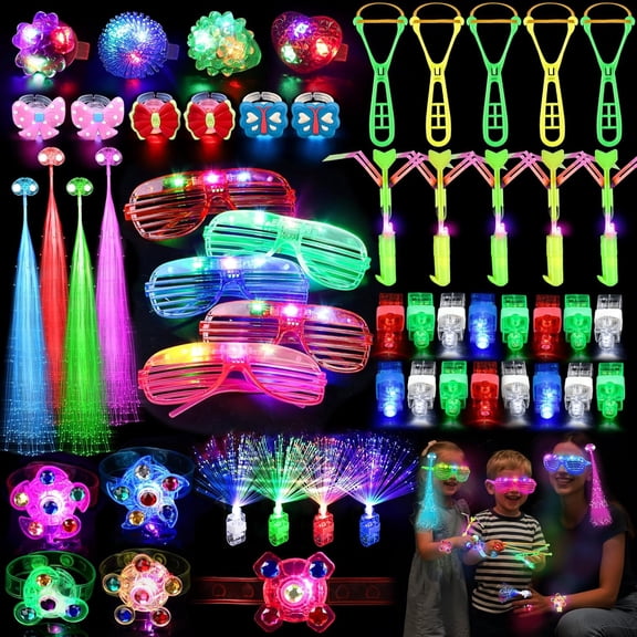 Glow In The Dark Party Favor Set, 73 Piece Light Up Accessories With Glow Glasses, Spinner Bracelets And Slingshot, For Kids And Adults, Neon