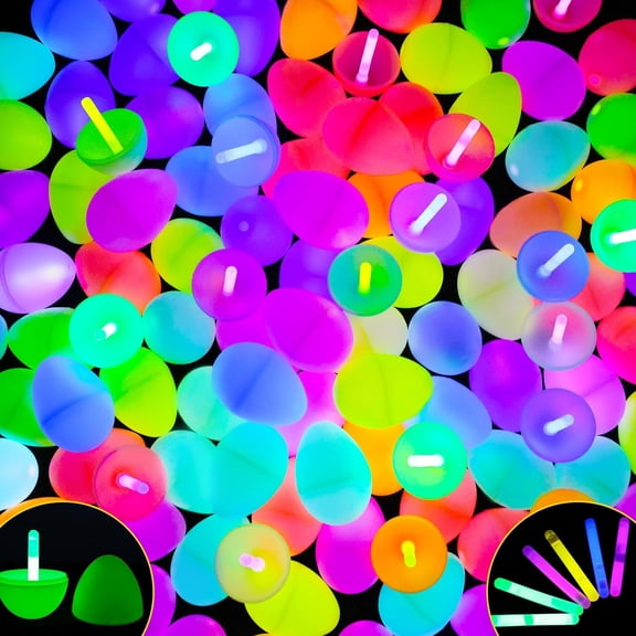 Glow In The Dark Plastic Easter Eggs, 48 Pack With 96 Mini Glow Sticks for Easter Egg Hunt Basket Stuffers Party Favors and Decorations