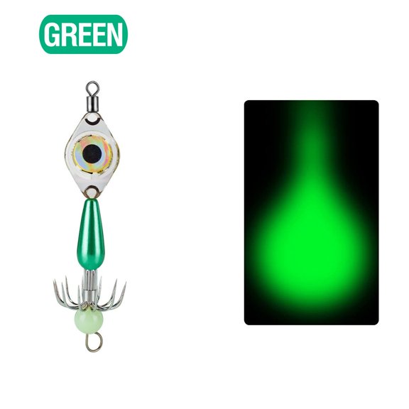 Glow In The Dark Squid Fishing Hooks 8Cm 5G Barbless for OCTOPUS Lures With LED Lights And Umbrella Design For Night Sea Fishing(Green)