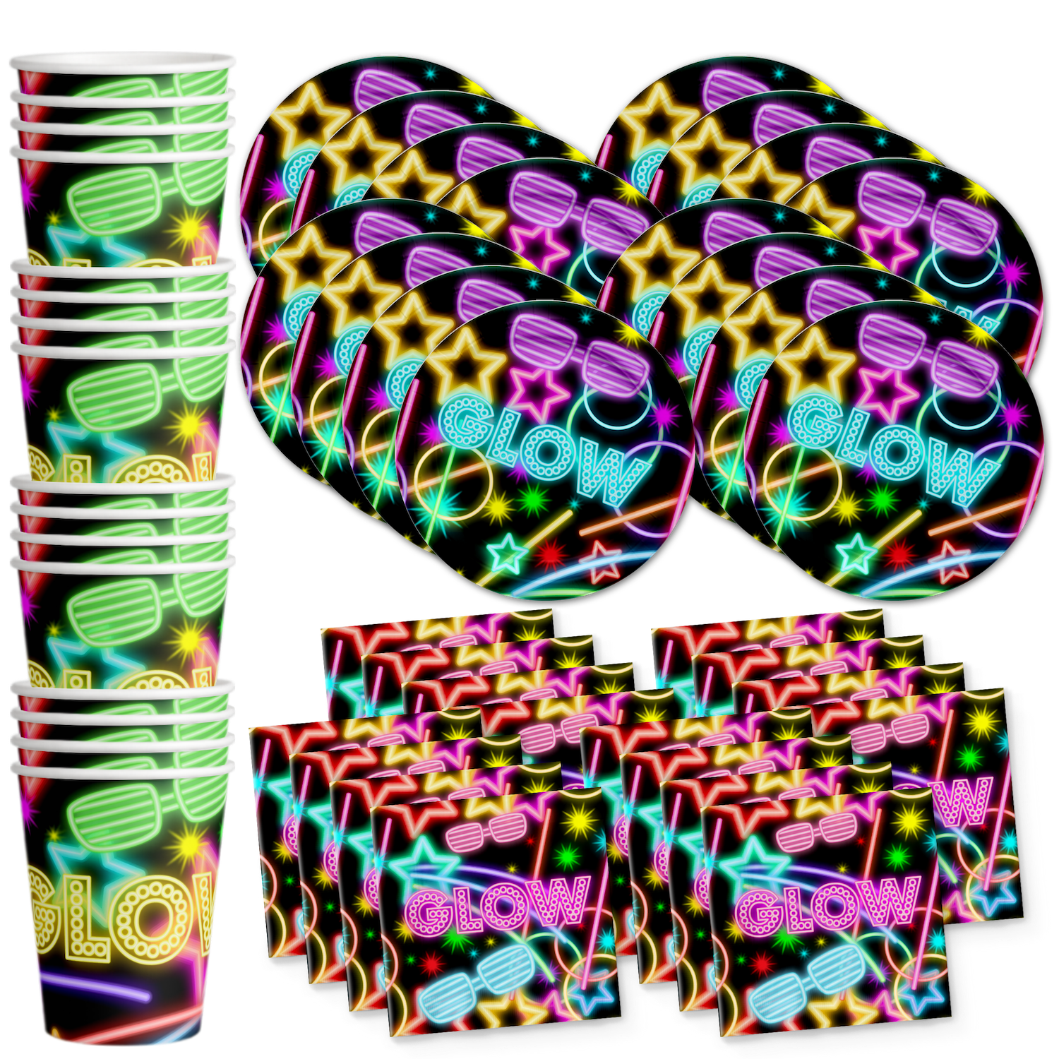 Glow Party Supplies Neon Birthday Party Kit Paper Plates Napkins Cups  Plastic Table cover glow Sticks Glow Bracelets for 16 Guests 