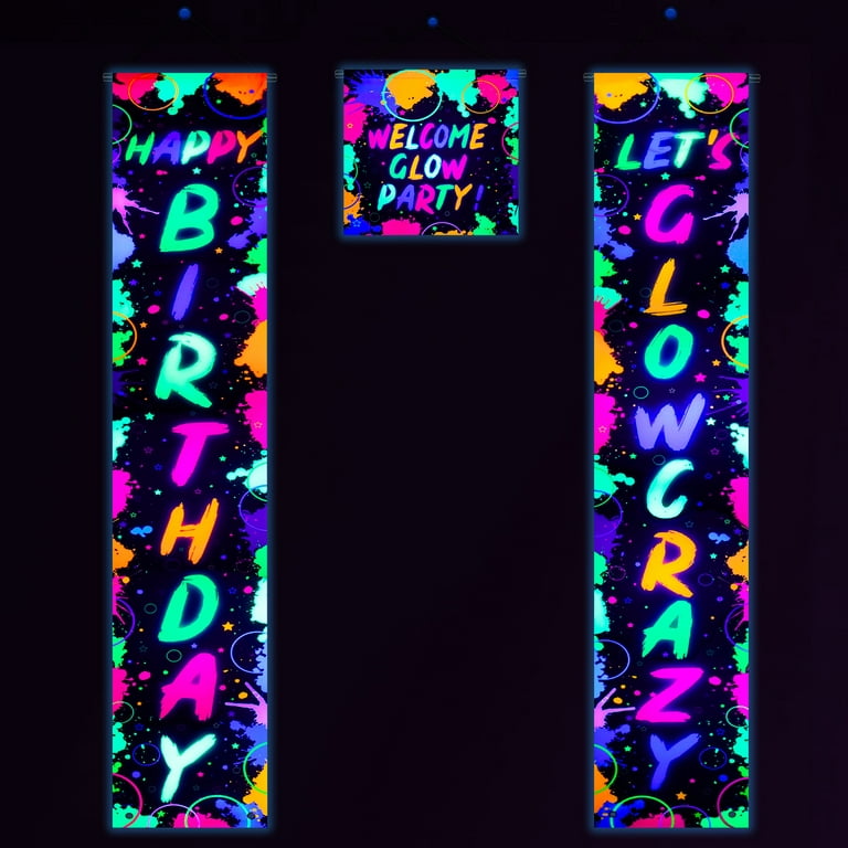 Glow Neon Party Decorations - Glow in the Dark Theme Happy Birthday Door  Banner, Let's Glow Crazy Glow Porch Sign, Blacklight Photography Backdrop  Decor for Neon Party Supplies 