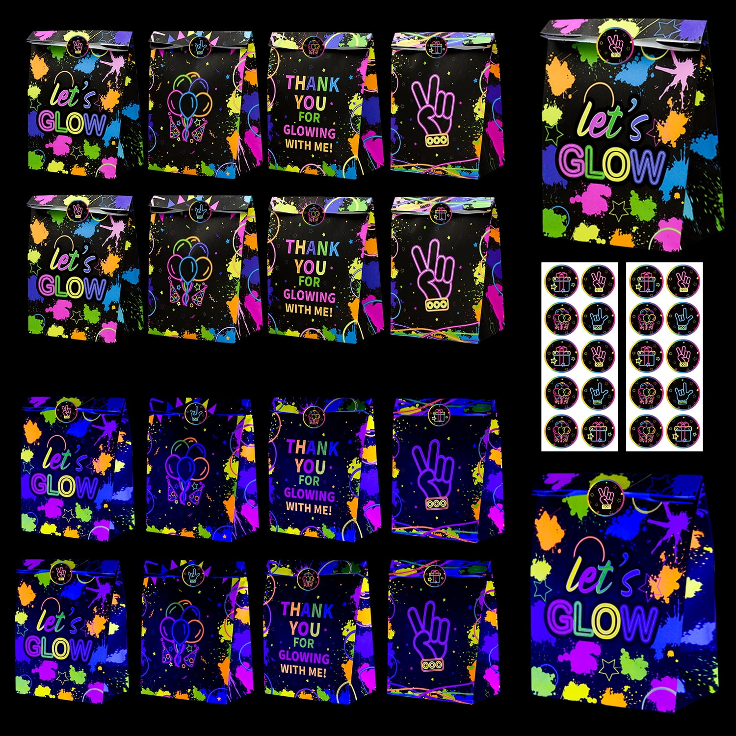 Glow Neon Party T Bags 20 Pcs Goodie Bags Party Favor Bags With Stickers Fluorescent 6384