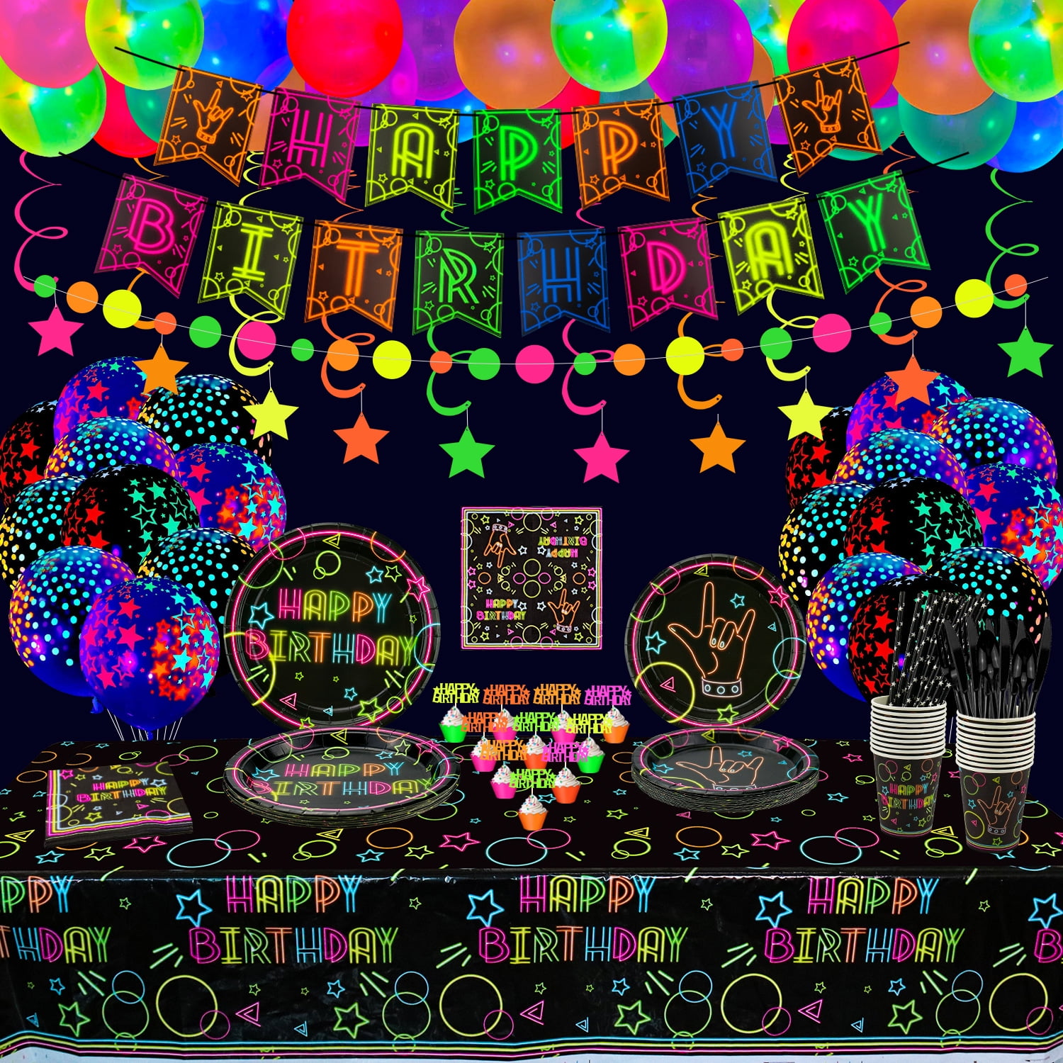 Glow Neon Party Supplies - Neon Balloon, Glow in the Dark Happy Birthday  Banner, Hanging Swirls, Cake Topper, Tablecloth, Plates, Napkins, Cup for