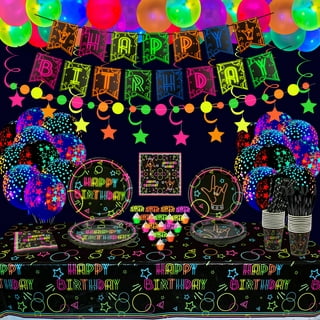225 Pieces Glow Neon Party Supplies - Neon Balloon, Glow in the Dark  Birthday Banner, Garlands, Cake Topper, Tablecloth, Plates, Napkins and Cup  for