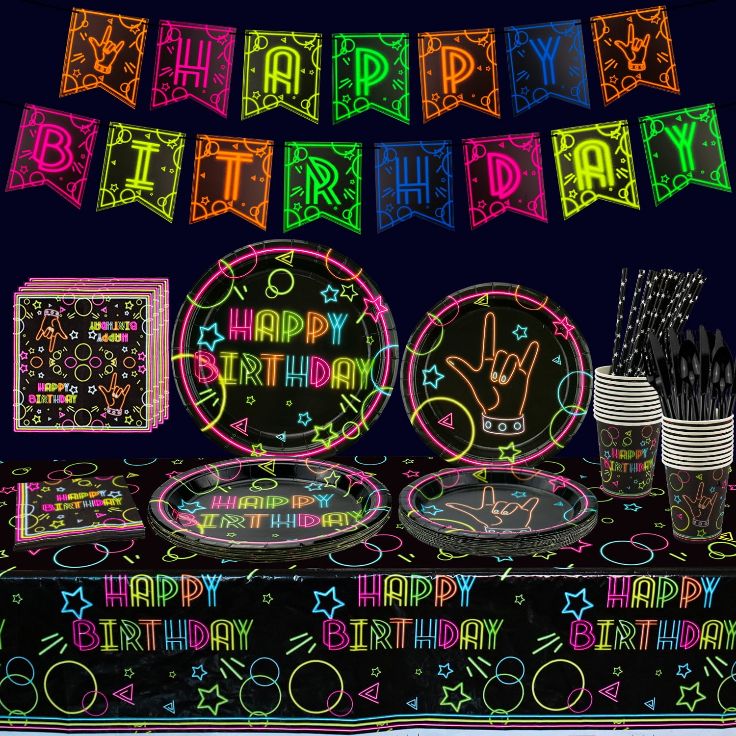 Glow Neon Party Supplies - Glow in the Dark Theme Happy Birthday