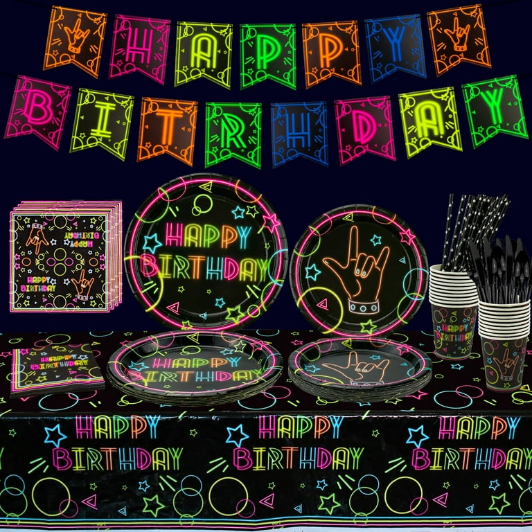 Glow Neon Party Supplies - Glow in the Dark Theme Happy Birthday Banner,  Plates, Napkins, Cup, Tablecloth, Knives, Fork, Spoon and Straws for