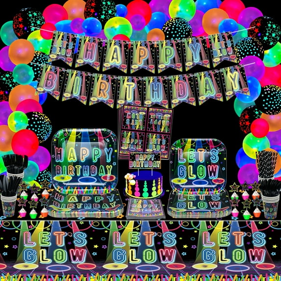 Glow Neon Party Supplies, include Glow in the Dark Happy Birthday Banner, Neon Balloons, Tablecloth, Plates, Cups, Napkins, Cake Toppers for Glow in The Dark Birthday Party Supplies, Serves 20 Guests