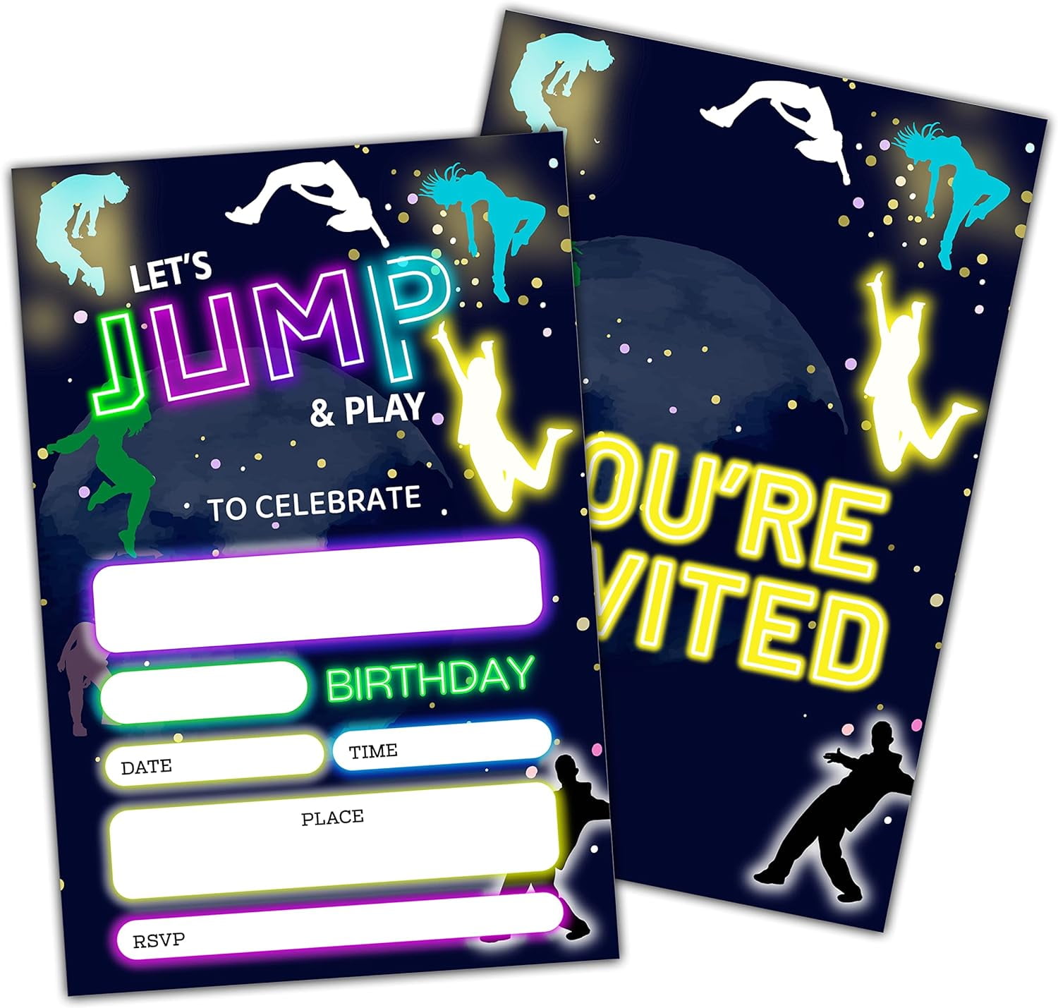 Glow Neon Trampoline Park Party Invitations - Double-Sided Cards (Pack ...
