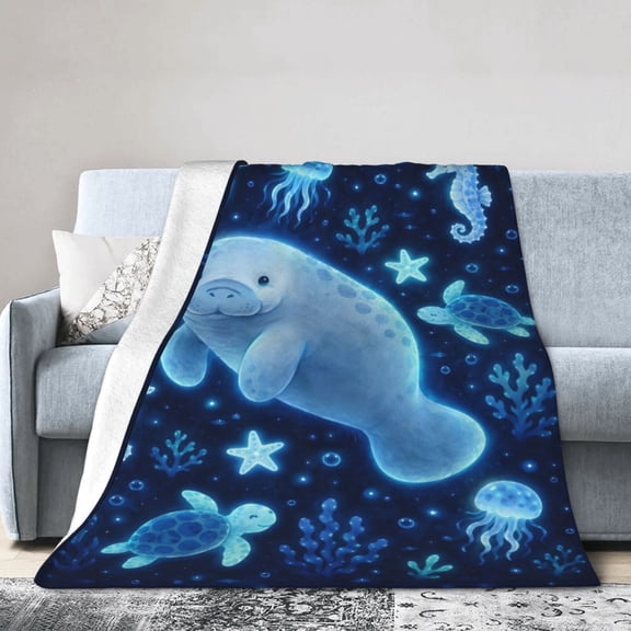 Glow Ocean Manatee Blanket Gift Throw Blanket Gift for Sea Animal Lovers Turtle Moon Room Decor 50x40